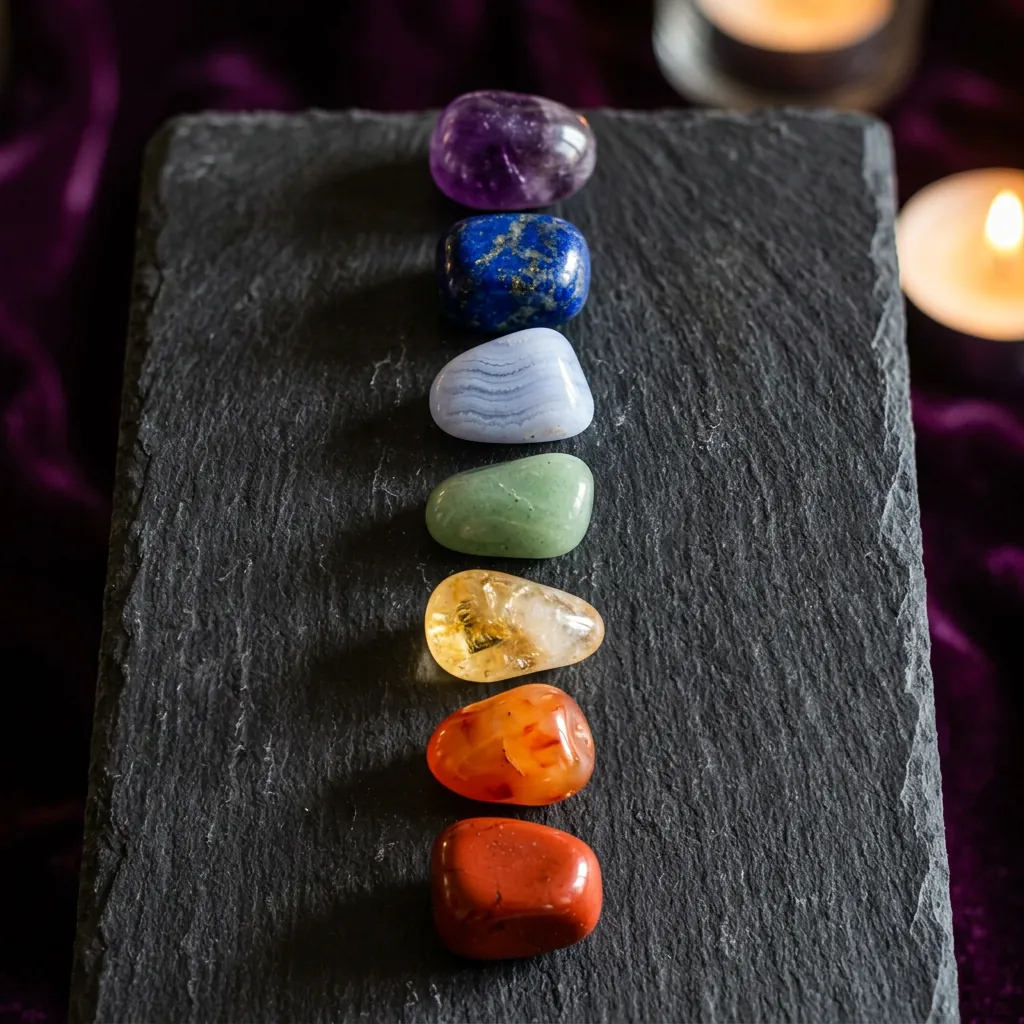 Seven aligned chakra gemstones on dark slate, root to crown