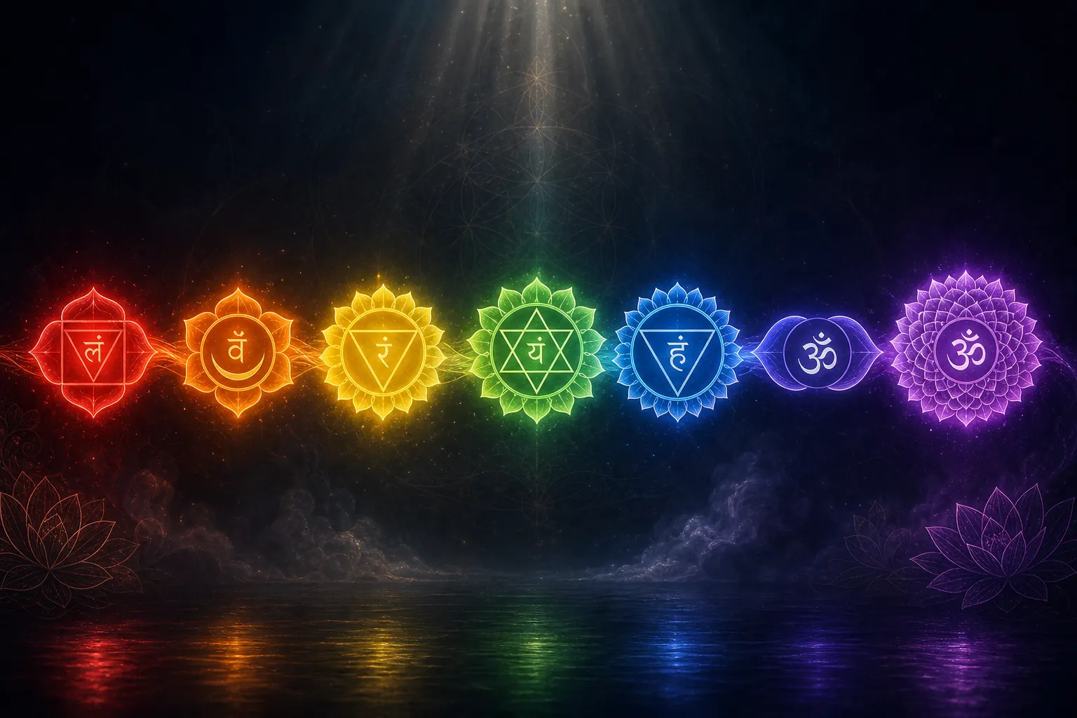 Seven glowing chakra energy orbs connected by golden light threads, symbolizing spiritual communication and energetic connection