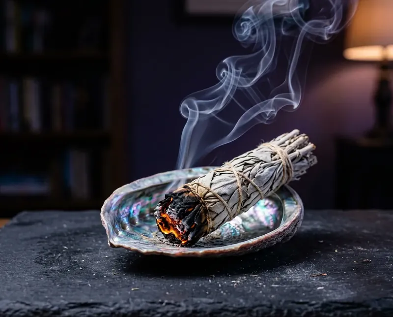 Smoking white sage smudge stick burning in an abalone shell