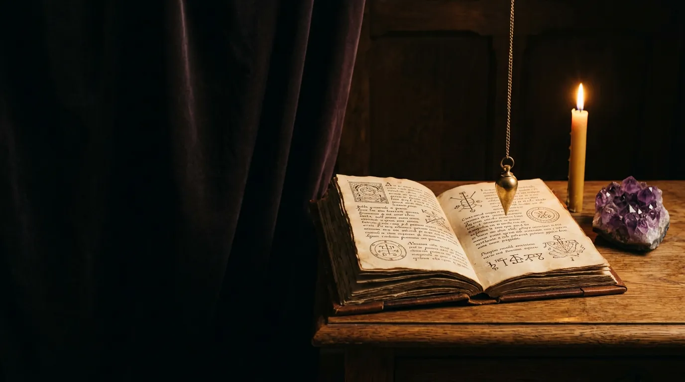 Antique grimoire, brass pendulum, amethyst crystal and candle on a wooden table